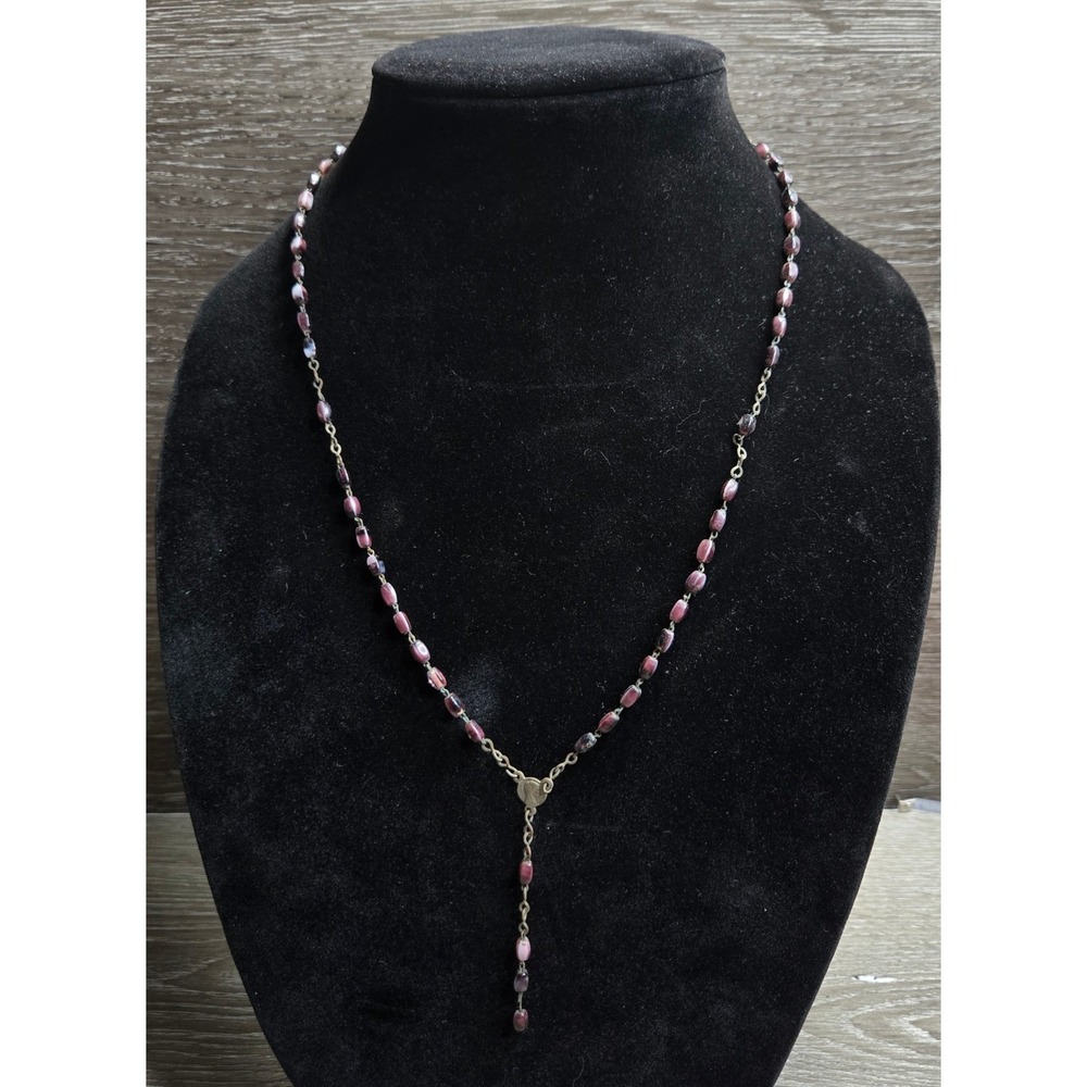 Vintage Rosary Beads Catholic Prayer Necklace Purple Marbled Glass Medal 12inch